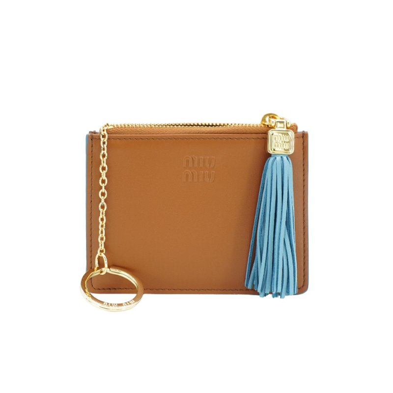 Miu Miu 小牛皮天藍流蘇拉鍊鑰匙卡包(5MC093-咖)-0