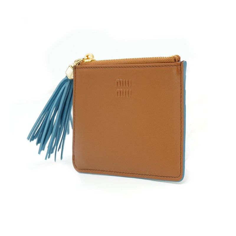 Miu Miu 小牛皮天藍流蘇拉鍊鑰匙卡包(5MC093-咖)-1