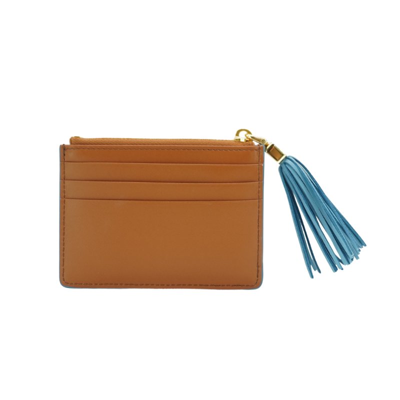 Miu Miu 小牛皮天藍流蘇拉鍊鑰匙卡包(5MC093-咖)-2