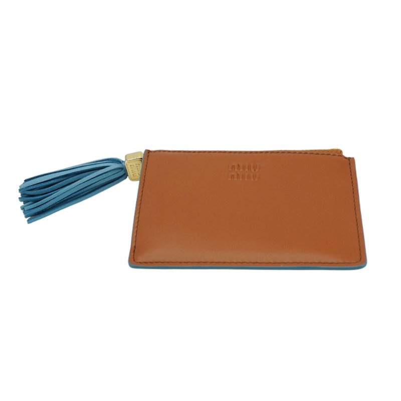 Miu Miu 小牛皮天藍流蘇拉鍊鑰匙卡包(5MC093-咖)-3