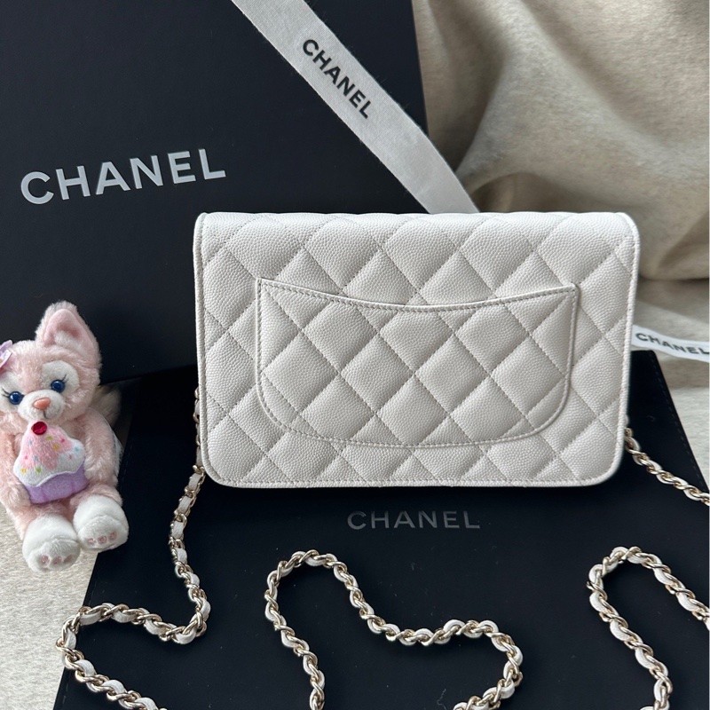 【配件：防塵袋 💕】Chanel 24S 浮雕扣 woc 白金 白色 金扣 荔枝牛皮 手提 單肩 斜挎-1