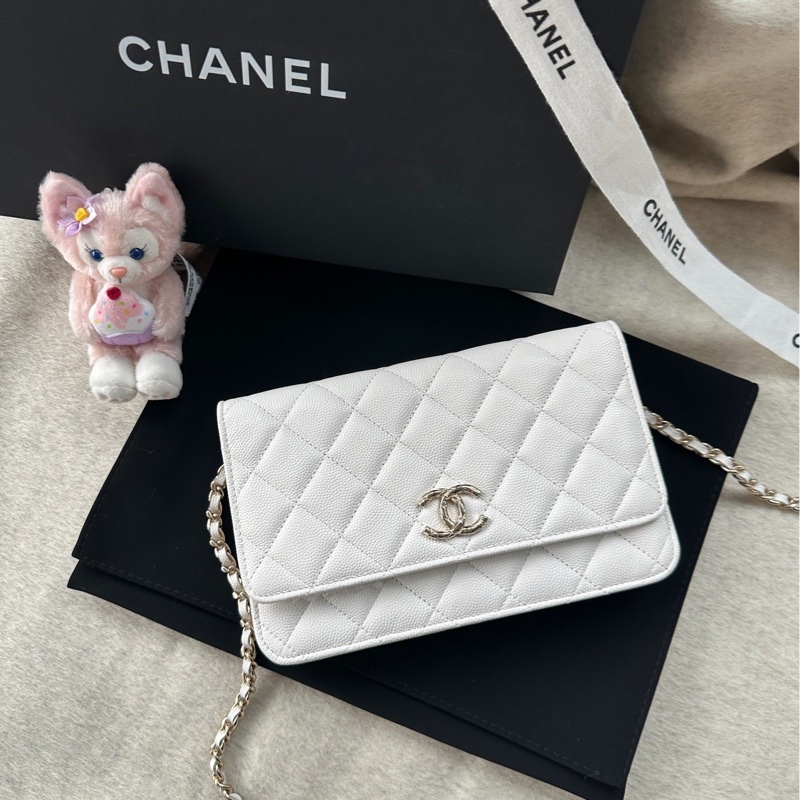 【配件：防塵袋 💕】Chanel 24S 浮雕扣 woc 白金 白色 金扣 荔枝牛皮 手提 單肩 斜挎-2