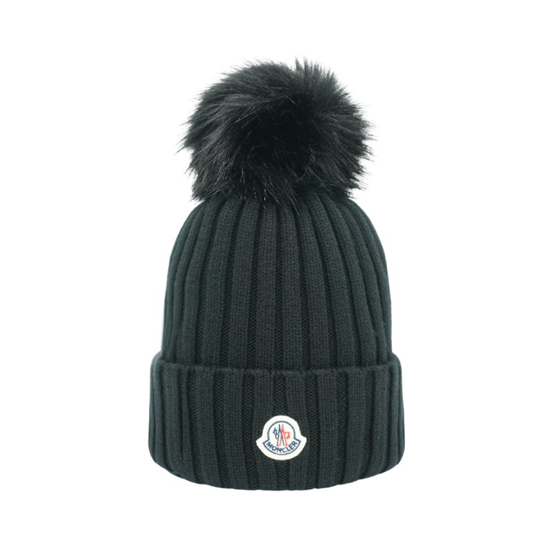 Moncler 螺紋羊毛針織毛球毛帽(黑色)-0