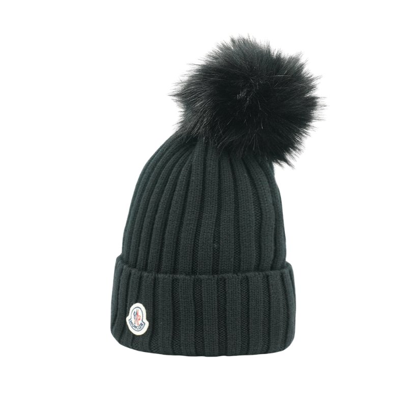 Moncler 螺紋羊毛針織毛球毛帽(黑色)-1