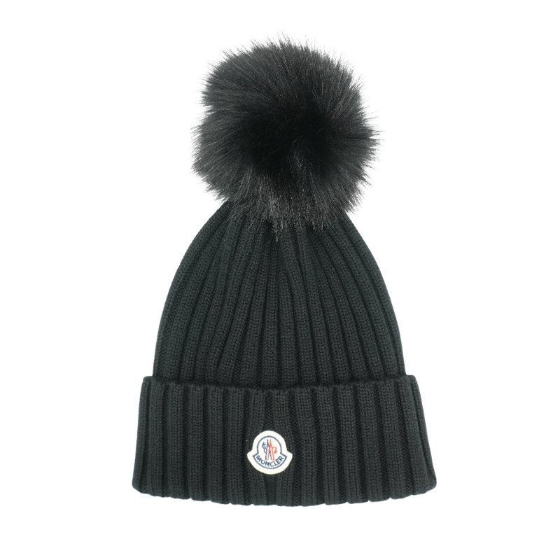 Moncler 螺紋羊毛針織毛球毛帽(黑色)-2