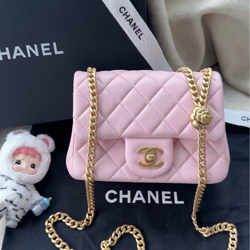 【配件：防塵袋 💕】Chanel 25P cf 方胖子 粉色 淺粉色 櫻花粉 金扣 山茶花金球 羊皮 手提 單肩 斜挎-0