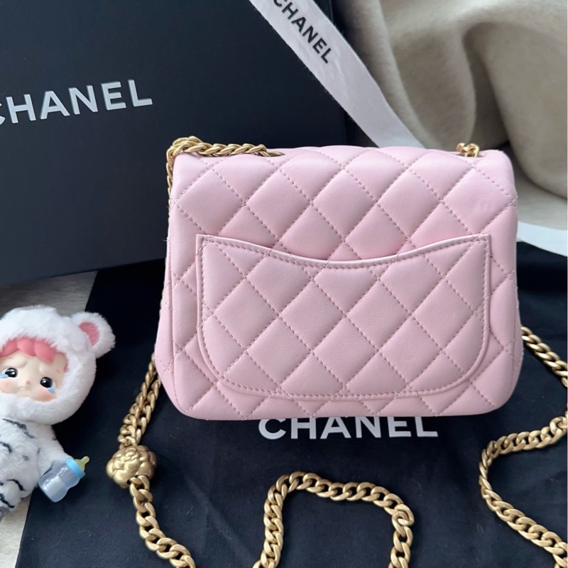 【配件：防塵袋 💕】Chanel 25P cf 方胖子 粉色 淺粉色 櫻花粉 金扣 山茶花金球 羊皮 手提 單肩 斜挎-1