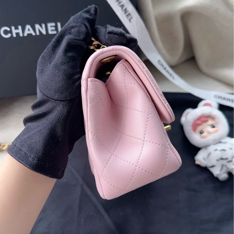 【配件：防塵袋 💕】Chanel 25P cf 方胖子 粉色 淺粉色 櫻花粉 金扣 山茶花金球 羊皮 手提 單肩 斜挎-2