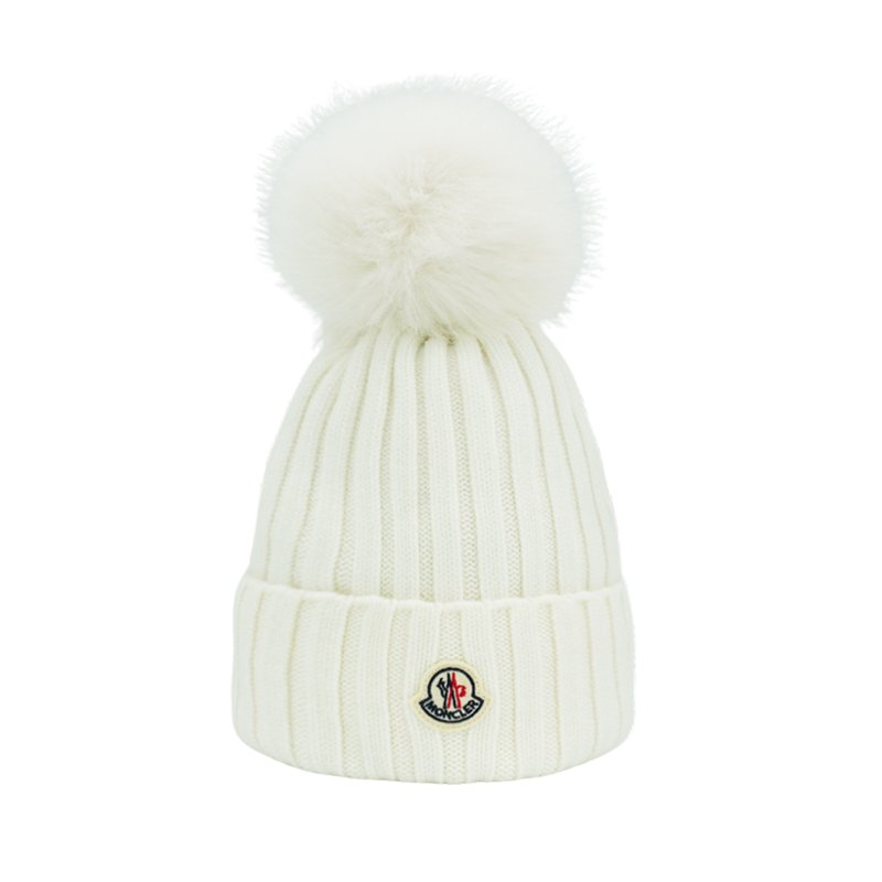 Moncler 螺紋羊毛針織毛球毛帽(白色)-0