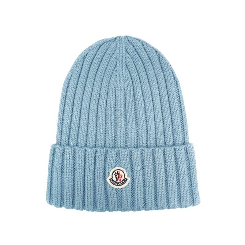 Moncler 品牌徽標羊毛螺紋針織毛帽-0