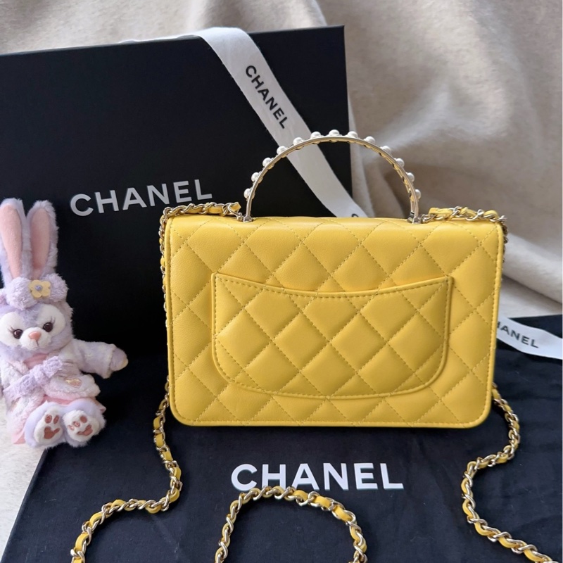 【配件：防塵袋 💕】Chanel woc 黃色 小雞黃 金扣 珍珠 手柄 牛皮 手提 單肩 斜挎-1