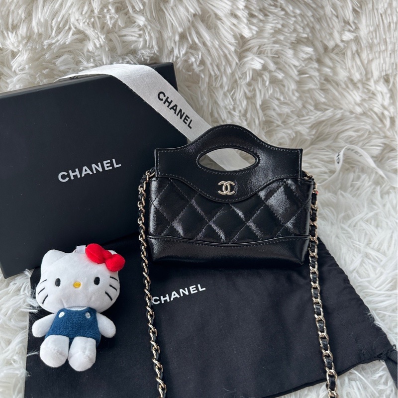 【配件：防塵袋 💕】Chanel 31bag 超mini supermini 黑金 黑色 金扣 手提 單肩 斜挎-0