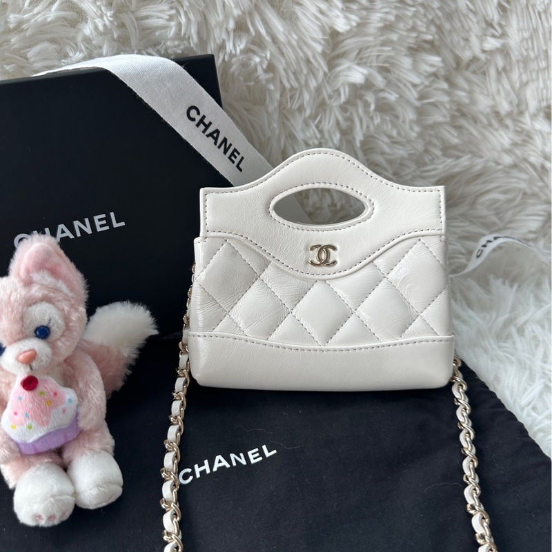 【配件：防塵袋 💕】Chanel 31bag 超mini supermini 白金 白色 金扣 手提 單肩 斜挎-0