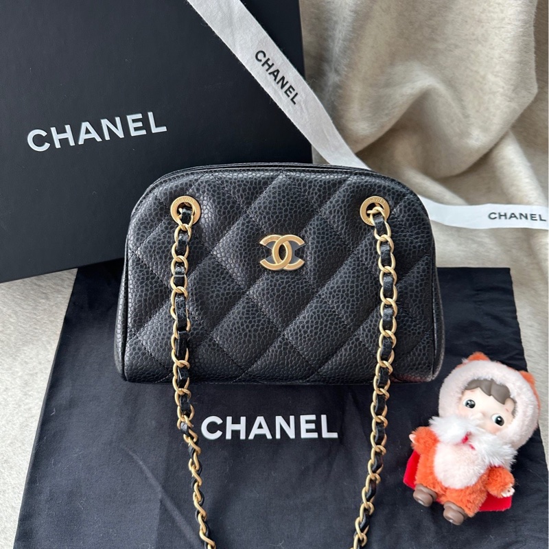 【配件:防塵袋 💕】Chanel 24K 保齡球 小號 黑金 黑色 金扣 荔枝牛皮 手提 單肩 腋下 斜挎-0