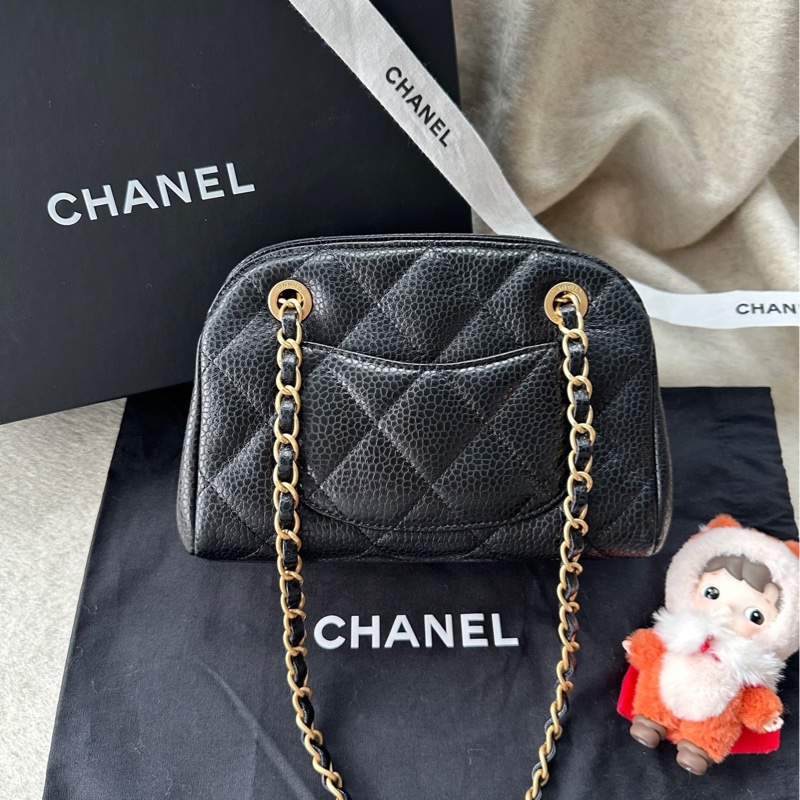 【配件:防塵袋 💕】Chanel 24K 保齡球 小號 黑金 黑色 金扣 荔枝牛皮 手提 單肩 腋下 斜挎-1