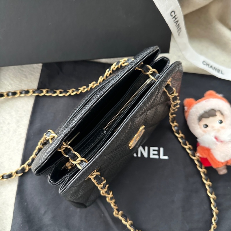 【配件:防塵袋 💕】Chanel 24K 保齡球 小號 黑金 黑色 金扣 荔枝牛皮 手提 單肩 腋下 斜挎-3