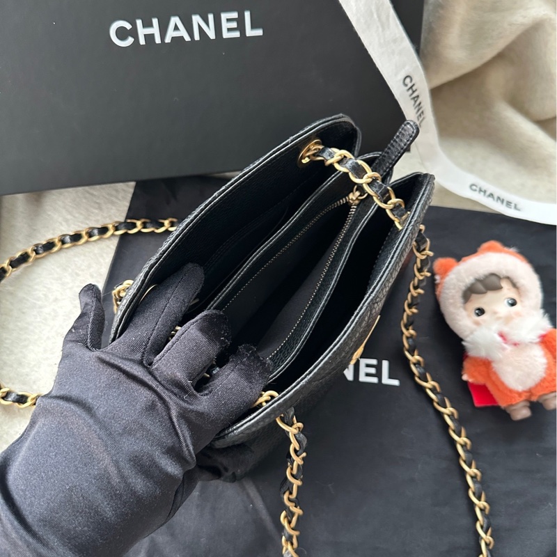【配件:防塵袋 💕】Chanel 24K 保齡球 小號 黑金 黑色 金扣 荔枝牛皮 手提 單肩 腋下 斜挎-5