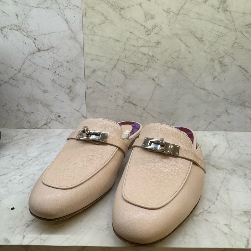HERMES KELLY粉色銀釦穆勒鞋37-0