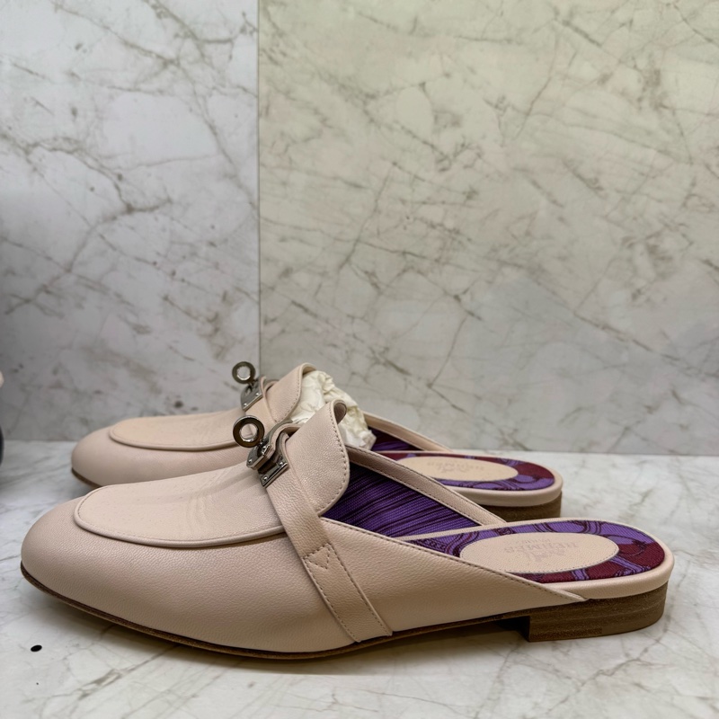 HERMES KELLY粉色銀釦穆勒鞋37-1