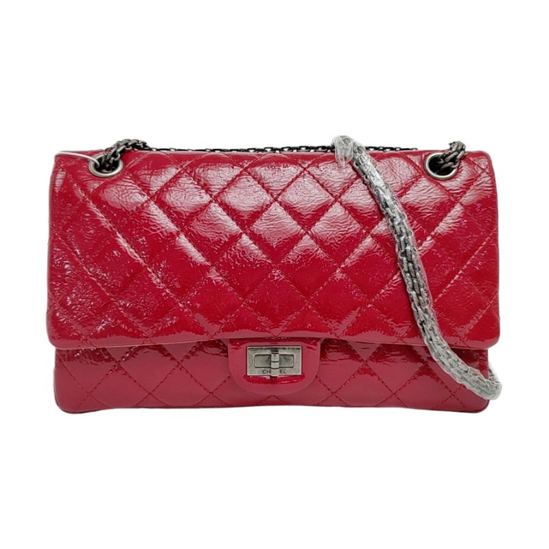 CHANEL 2.55 大號 紅色牛皮菱格紋絎縫單肩包斜挎包銀色釕色五金14開-0