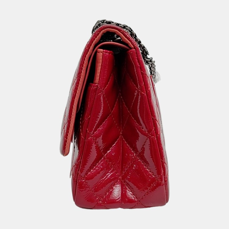 CHANEL 2.55 大號 紅色牛皮菱格紋絎縫單肩包斜挎包銀色釕色五金14開-2