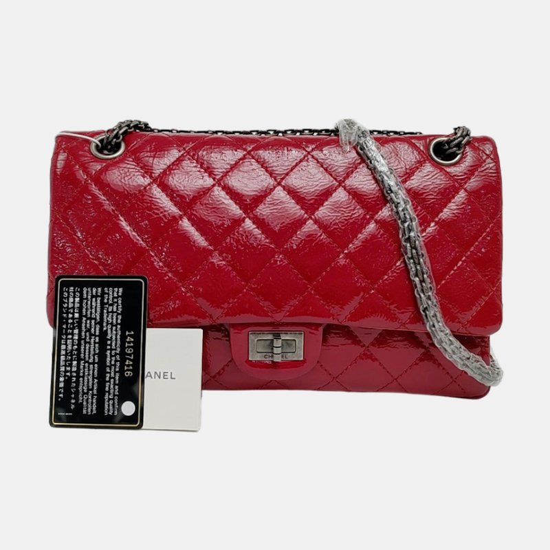 CHANEL 2.55 大號 紅色牛皮菱格紋絎縫單肩包斜挎包銀色釕色五金14開-7