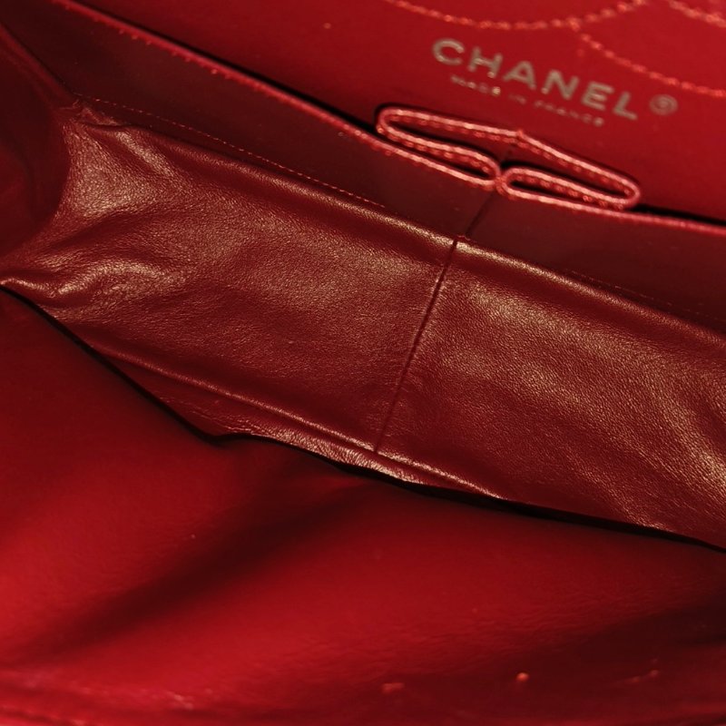 CHANEL 2.55 大號 紅色牛皮菱格紋絎縫單肩包斜挎包銀色釕色五金14開-11