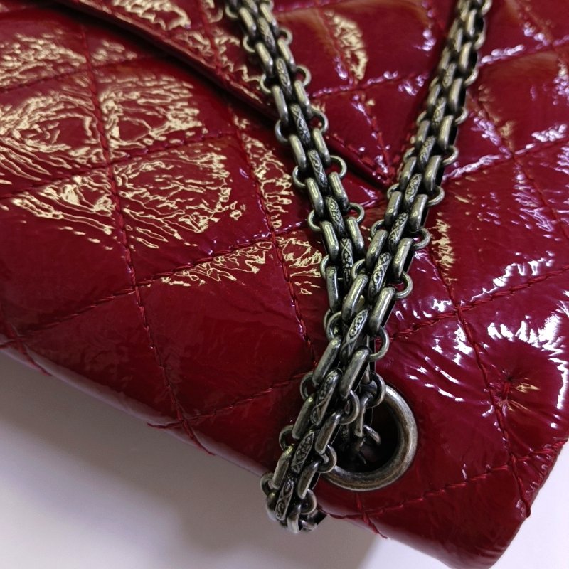 CHANEL 2.55 大號 紅色牛皮菱格紋絎縫單肩包斜挎包銀色釕色五金14開-17