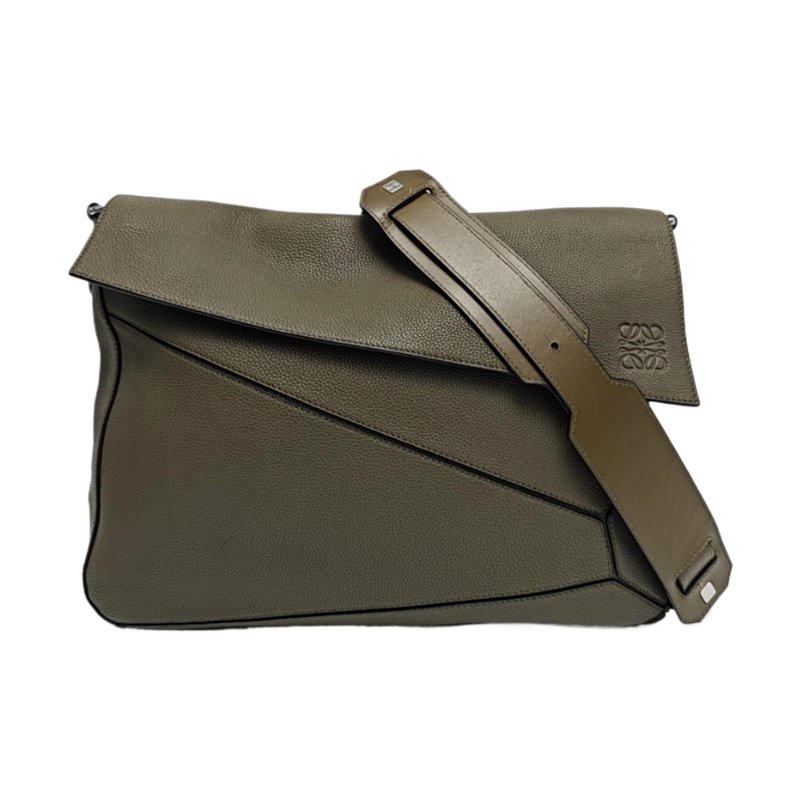 LOEWE Puzzle 綠色牛皮幾何包單肩包銀色五金可拆卸肩帶-0