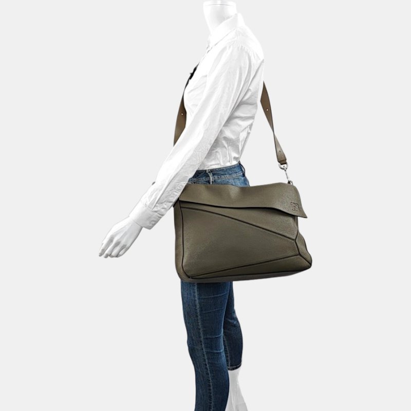 LOEWE Puzzle 綠色牛皮幾何包單肩包銀色五金可拆卸肩帶-1