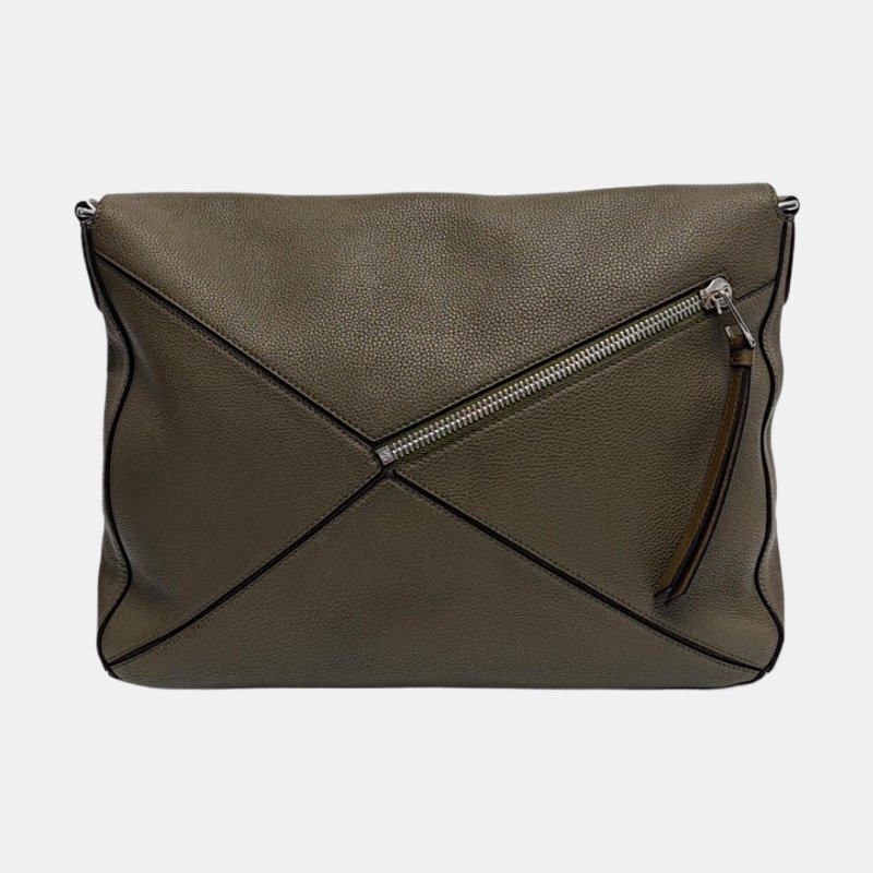 LOEWE Puzzle 綠色牛皮幾何包單肩包銀色五金可拆卸肩帶-4