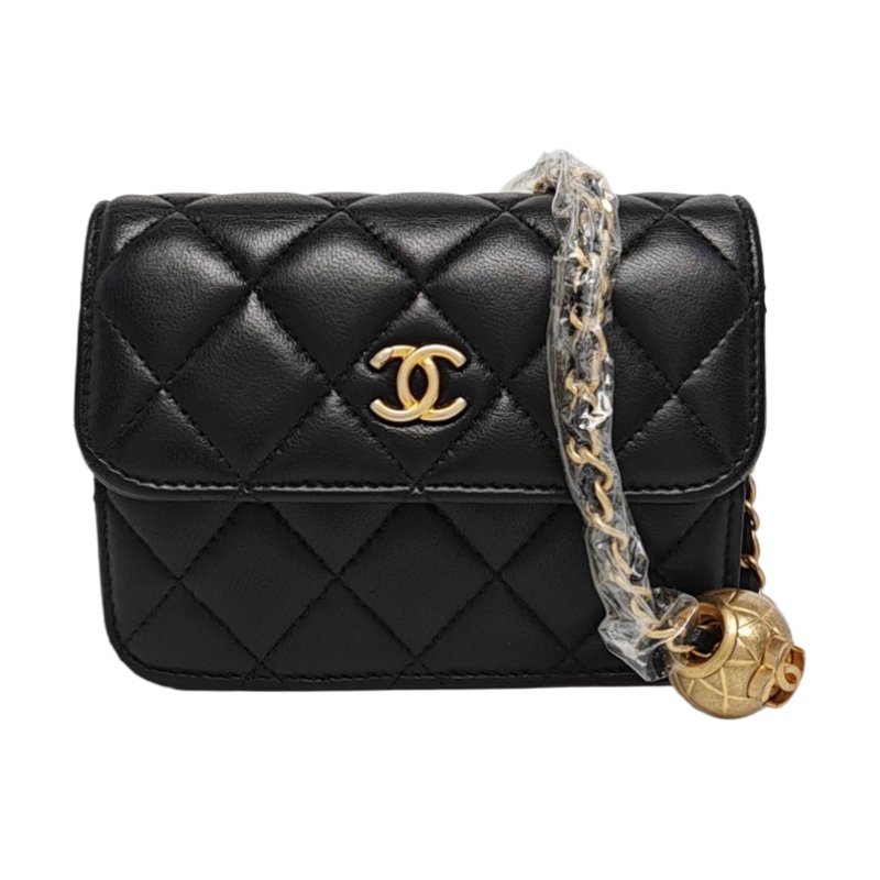 CHANEL 黑色羊皮菱格紋金球斜挎包單肩包腰包/胸包 金色五金 31開-0