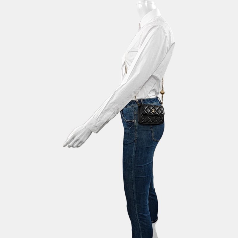 CHANEL 黑色羊皮菱格紋金球斜挎包單肩包腰包/胸包 金色五金 31開-1