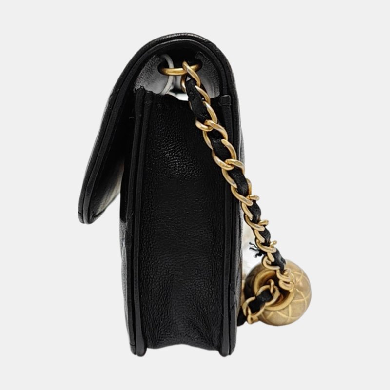 CHANEL 黑色羊皮菱格紋金球斜挎包單肩包腰包/胸包 金色五金 31開-2
