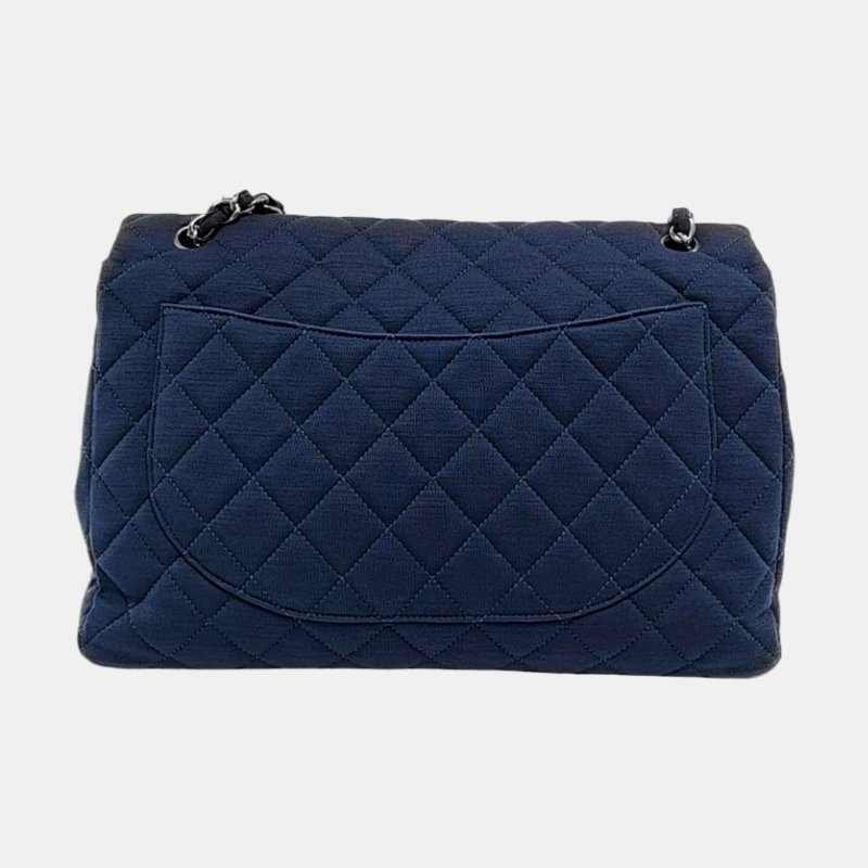 CHANEL CLASSIC FLAP Maxi超大號藍色織物菱格紋絎縫Jumbo單肩包斜挎包 銀色五金 13開-4