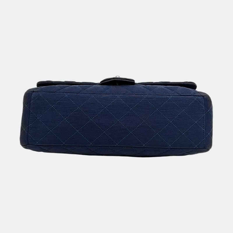 CHANEL CLASSIC FLAP Maxi超大號藍色織物菱格紋絎縫Jumbo單肩包斜挎包 銀色五金 13開-5