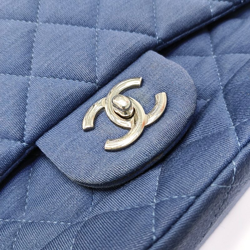 CHANEL CLASSIC FLAP Maxi超大號藍色織物菱格紋絎縫Jumbo單肩包斜挎包 銀色五金 13開-8