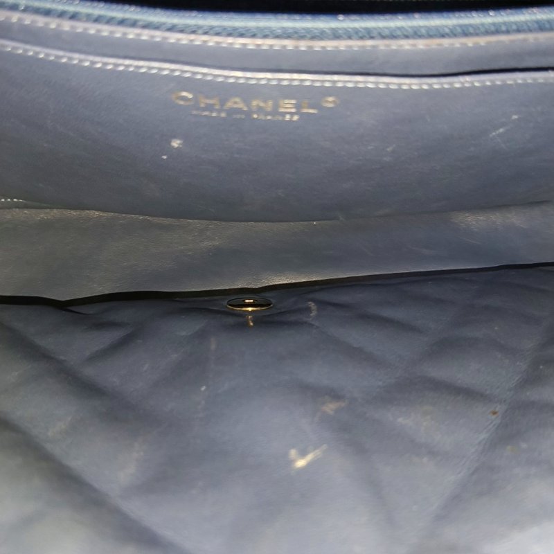 CHANEL CLASSIC FLAP Maxi超大號藍色織物菱格紋絎縫Jumbo單肩包斜挎包 銀色五金 13開-10