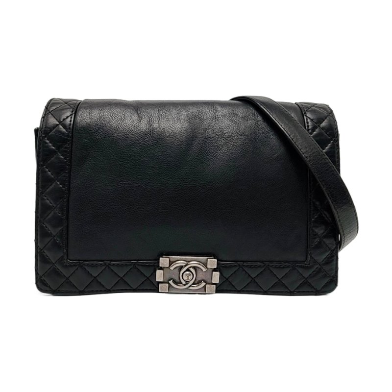 CHANEL BOY CHANEL 大號 黑色荔枝紋新牛皮菱格紋絎縫斜挎包 釕色五金 18開 可拆卸肩帶-0