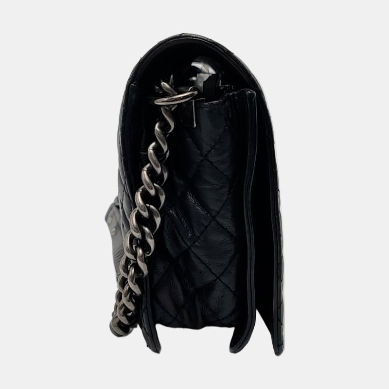 CHANEL BOY CHANEL 大號 黑色荔枝紋新牛皮菱格紋絎縫斜挎包 釕色五金 18開 可拆卸肩帶-3