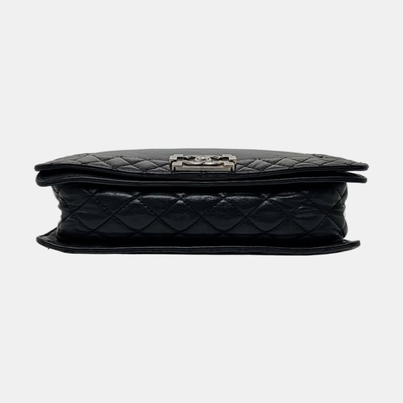 CHANEL BOY CHANEL 大號 黑色荔枝紋新牛皮菱格紋絎縫斜挎包 釕色五金 18開 可拆卸肩帶-5