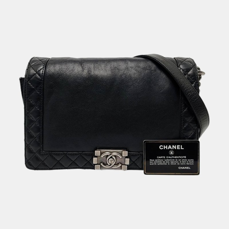 CHANEL BOY CHANEL 大號 黑色荔枝紋新牛皮菱格紋絎縫斜挎包 釕色五金 18開 可拆卸肩帶-7