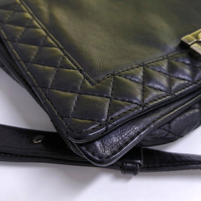 CHANEL BOY CHANEL 大號 黑色荔枝紋新牛皮菱格紋絎縫斜挎包 釕色五金 18開 可拆卸肩帶-15