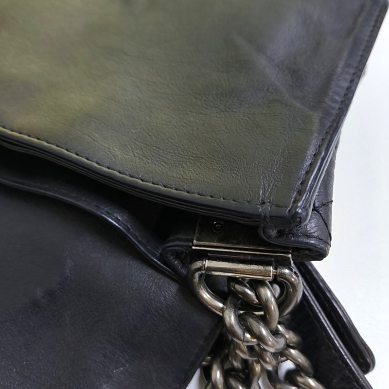 CHANEL BOY CHANEL 大號 黑色荔枝紋新牛皮菱格紋絎縫斜挎包 釕色五金 18開 可拆卸肩帶-18