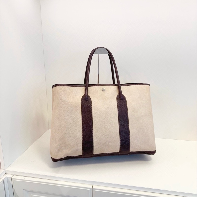 【近新閒置❤️】 Hermes Garden Party 30 銀扣 帆布拼牛皮 帆布包 手提包 單肩包 水泥灰拼黑色 米粽色-0