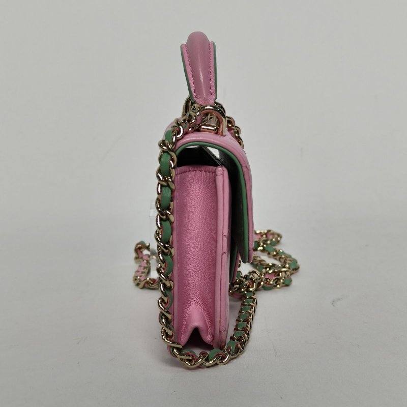 CHANEL 拼色牛皮鐳射標金扣香奈兒21K手提小廢包斜挎包肩背包-3