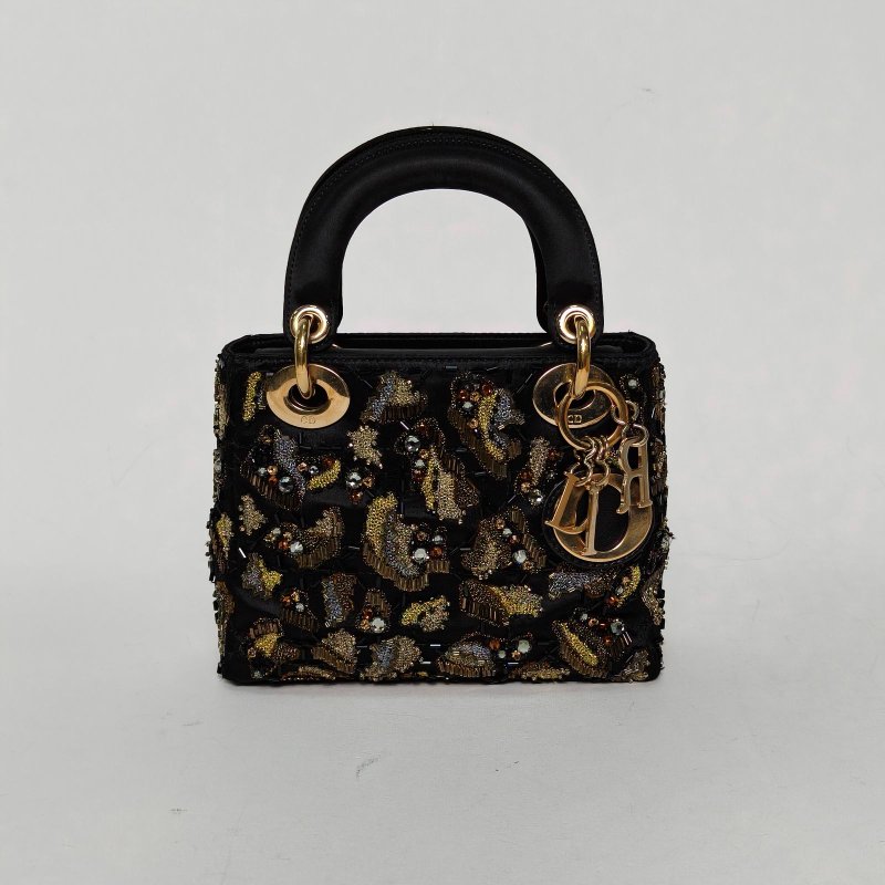 DIOR Lady戴妃包三格黑色緞面金扣2011刺繡肩背包-0