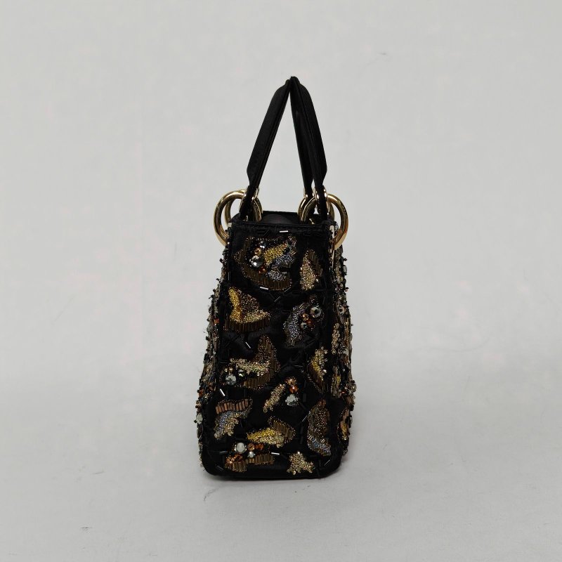 DIOR Lady戴妃包三格黑色緞面金扣2011刺繡肩背包-1