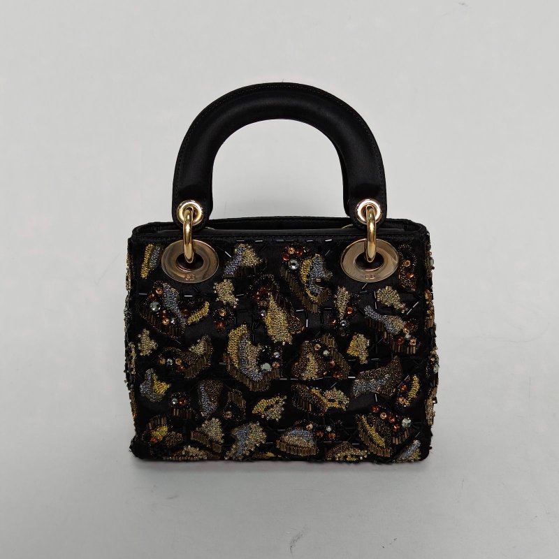 DIOR Lady戴妃包三格黑色緞面金扣2011刺繡肩背包-2