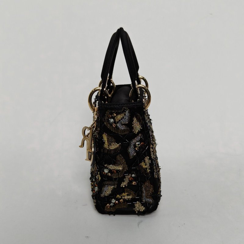 DIOR Lady戴妃包三格黑色緞面金扣2011刺繡肩背包-3